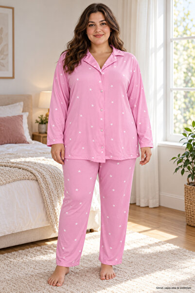 SEBOTEKS Milan Fabric Front Buttoned Long Sleeve Large Size Women's Pajama Se...