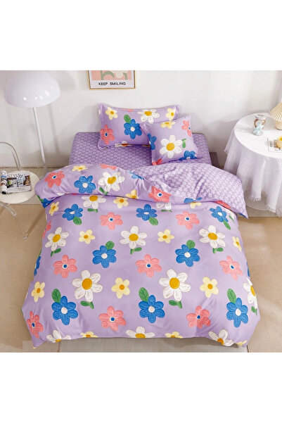 decorami Bed linen 140x200cm, FINET, 4 pieces, with Stretchy, Purple, flowers