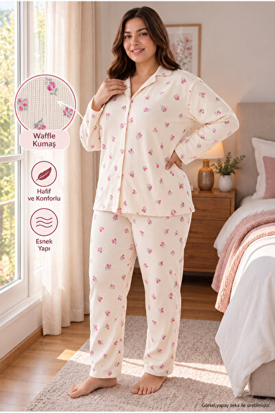 SEBOTEKS Waffle Fabric Front Buttoned Long Sleeve Plus Size Women's Pajama Se...