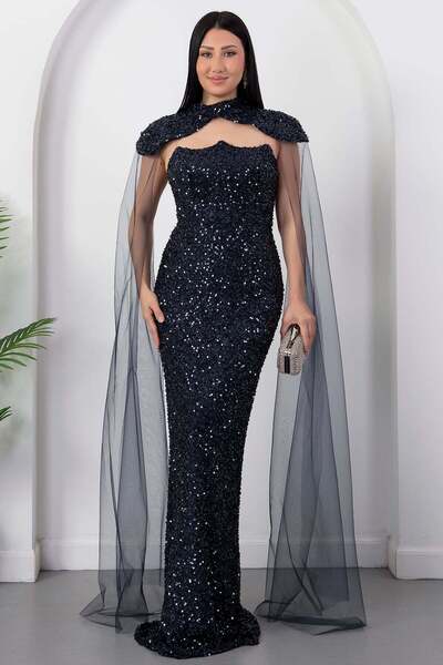 PULLIMM Strapless Neckline Sequined Evening Dress with Bolero Ecr5683