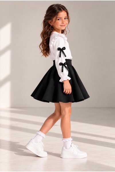 Merwiss Girl's Flared Skirt and Bow Detailed Blouse 2-Piece Set – Special Day for Eid Al-Fitr and Eid Al-Adha