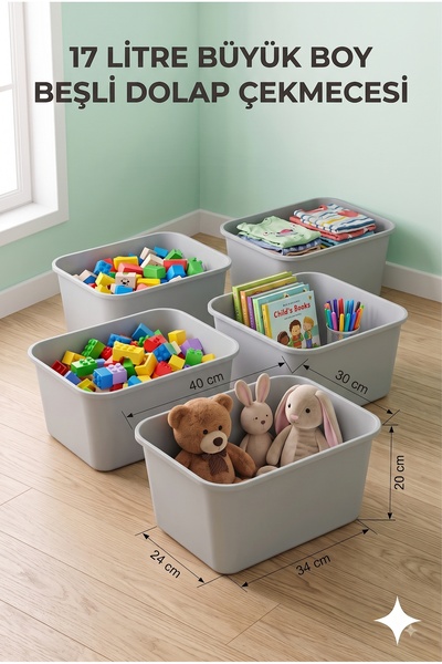 decosense 5 Adet Gri Büyük Boy 17 Litre 40x30x20 cm Oyuncak Dolabı Çekmecesi