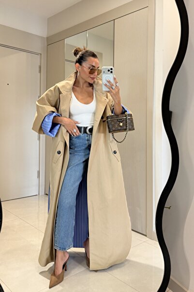 Gizem Ecemiş Hanger Camel Çizgili Astarlı Oversize Uzun Trençkot