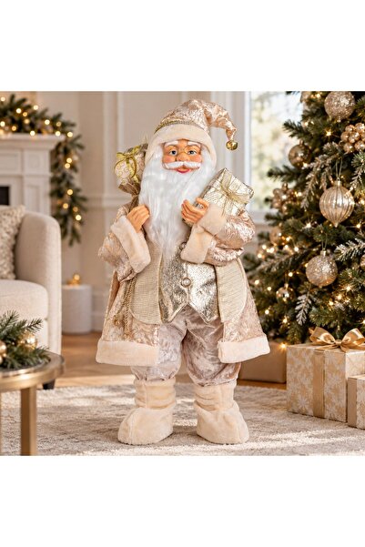 DD SHOP Figurina Mos Craciun cu Haina Bej Sampanie Felinar & Ceas 80cm
