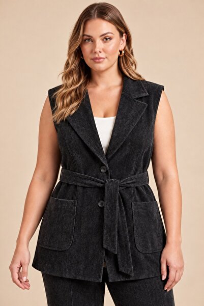 RMG Velvet Detailed Waist Tie, Large Size Lined Vest with Buttons, Black