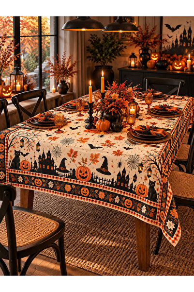 EK-HOME Halloween Desenli Masa Örtüsü 150x200 cm – Balkabağı, Kedi ve Sonbaha...