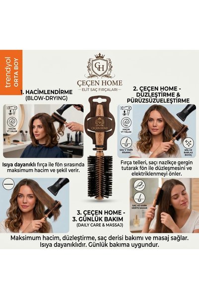 ÇEÇEN HOME 1 adet Elit Profesyonel Orta Boy Ahşap Fön Fırçası - Isıya Dayanık...