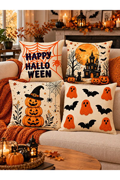 EK-HOME Halloween Temalı Dekoratif Kırlent Kılıfı 45x45 cm – 4’lü Set