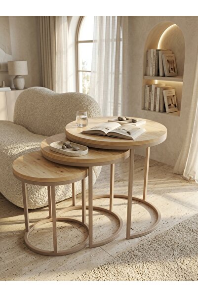 Decoramis Home Capri 3'lü Zigon Sehpa Takımı - Cappucino Metal Ayaklı Açık Me...