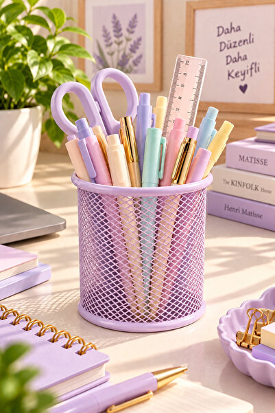 Daks Metal Mesh Pen Holder – Desktop Pen and Stationery Organizer - Purple