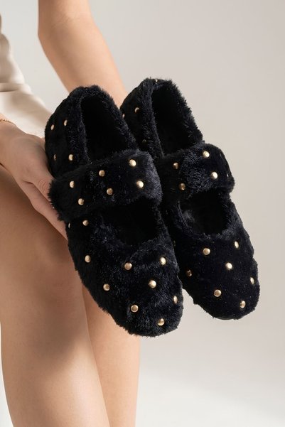 FUGA MODA Perlina Siyah Gold Trok Detaylı Peluş Ev Babeti