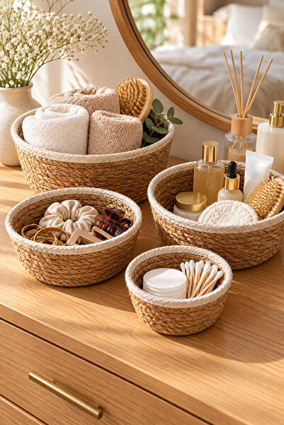 HOMENIVA 4-Piece White Detailed Wicker Basket Set – Decorative Organizer