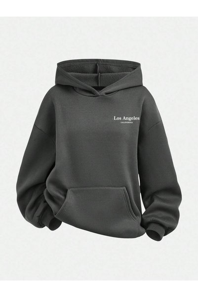 HAI COLLECTİON Hooded Sweatshirt Unisex Oversize Black Los Angeles Printed Ho...