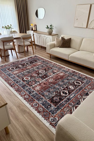 VOPTEKS Vintage Renkli Bambu Halı Dokuma Taban Kolay Temizlenebilir Halı Salo...