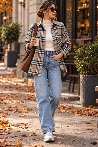 DIGOBRAS Kadın Oversize Ekose Oduncu Gömlek