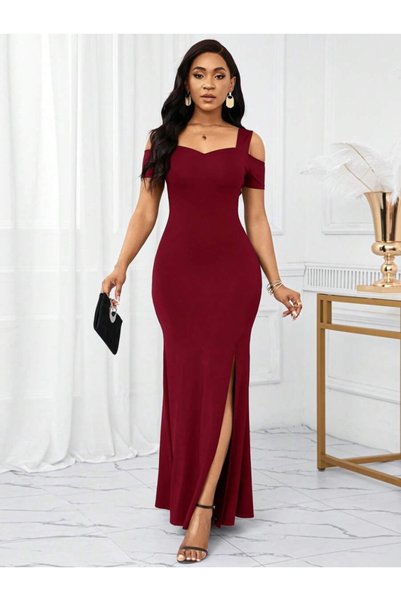 METKAR Women's off-the-shoulder long imported crepe dress with slit detail