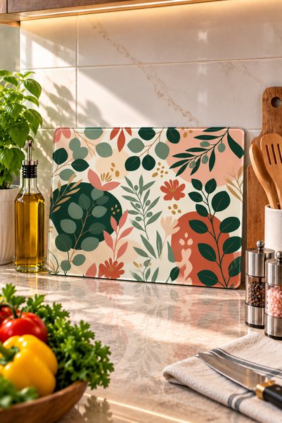 GÖKÇEOĞLU Glass Cutting Board Decorative Botanical Themed - Glass Cutting Boa...