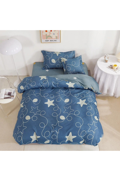 decorami Bed linen 140x200cm, FINET, 4 pieces, with Stretchy, Blue, stars