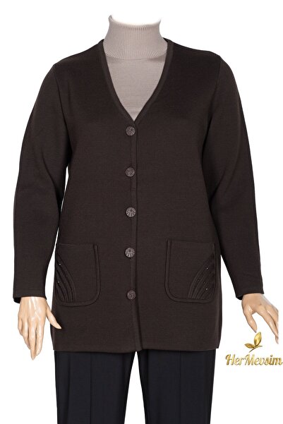 Hermevsim Hesna Women's Steel Knitted Plus Size Pocketed Buttoned Coffee Ayli...