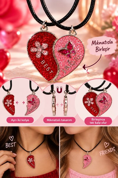 BearPear 2'li Best Friends Kolye - Mıknatıslı Simli Taşlı Kelebek ve Çiçek Ta...