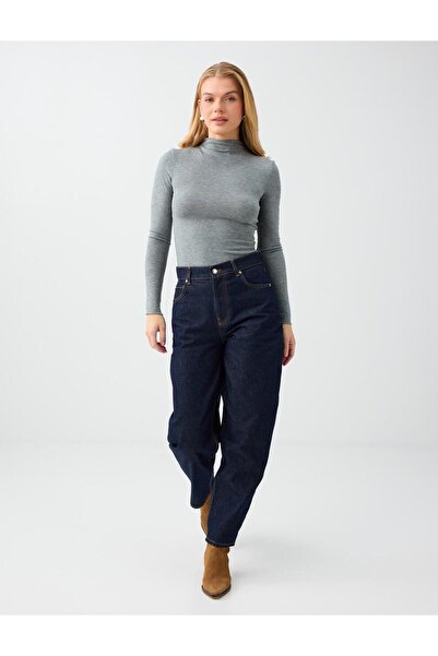 Jimmy Key Koyu İndigo Mavi %100 Pamuk Yüksek Bel Barrel Fit Denim Pantolon