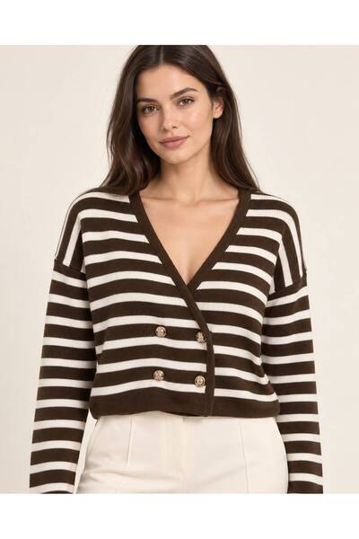 HIRA CO. Women's Mink Ecru Striped V-Neck Double Row Gold Button Acrylic Knit...