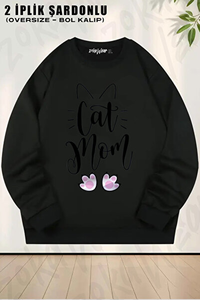 ZOKAWEAR Cat Patterned K Printed Crew Neck Sweatshirt