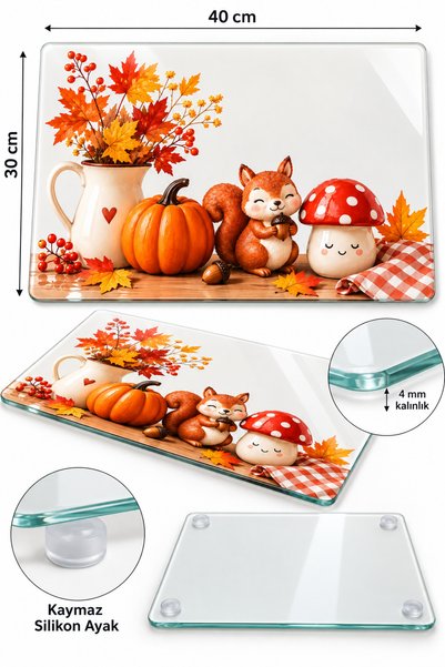 GÖKÇEOĞLU Glass Cutting Board Autumn Themed - Glass Cutting Board |   30cm X 40cm