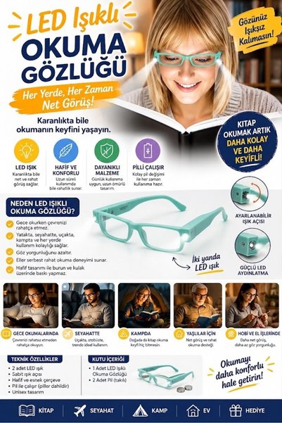 Neler Geldi Neler LED Işıklı Camsız Kitap Okuma Gözlüğü – Pratik Kitap Lambas...