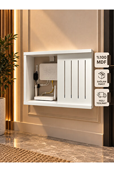 Modem ve Kablo Gizleme Dolabı – %100 MDF – 40x32x10 cm – Beyaz