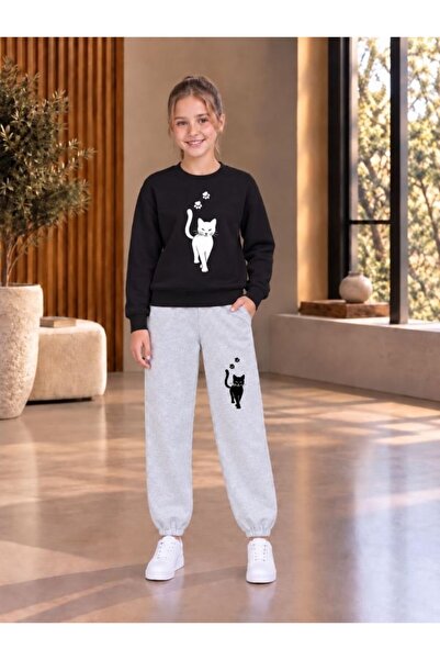 cm buseyiz Busekids Unisex Walking Cat Baskılı Sıfır Yaka Eşofman Takımı