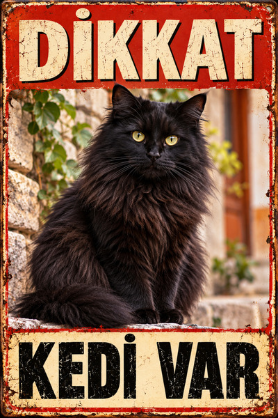 Lucena Caution There Is a Cat Long-Haired Black Cat Retro Metal Wall Sign 15X...