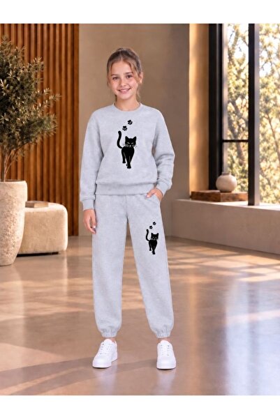 cm buseyiz Busekids Unisex Walking Cat Baskılı Sıfır Yaka Eşofman Takımı