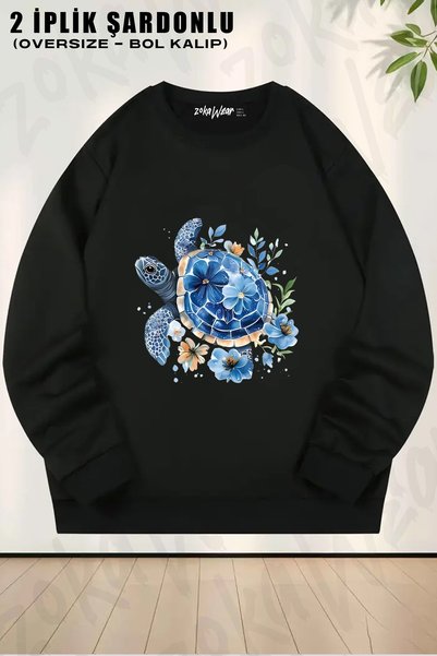 ZOKAWEAR Sik Blue Sea Turtle - سويت شيرت برقبة دائرية مطبوع عليه حيوانات المحيط