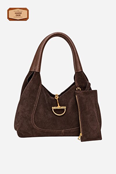 Alessia Bag حقيبة كتف نورا كبيرة الحجم من الجلد السويدي الأصلي مع مشبك معدني