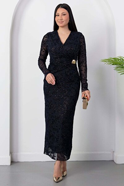 PULLIMM Double-Breasted Collar Buckle Glittery Long Sleeve Dress Grs4169