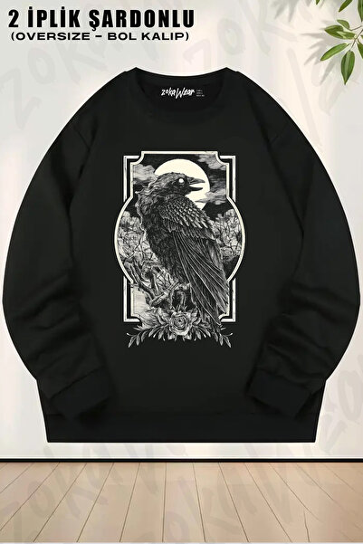 ZOKAWEAR Kuzgun Raven Crow Printed Crew Neck Sweatshirt