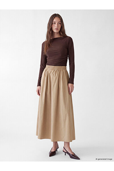 LC Waikiki Alita City Lcw Modest Beige Poplin Plain Midi Women's Skirt with a...