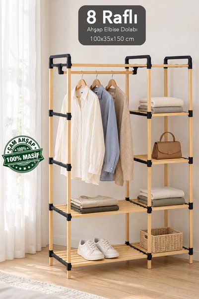 Meleni Home Ahşap Kıyafet Dolabı - 8 Raflı Elbise Kıyafet Gardırop Çok Amaçlı...