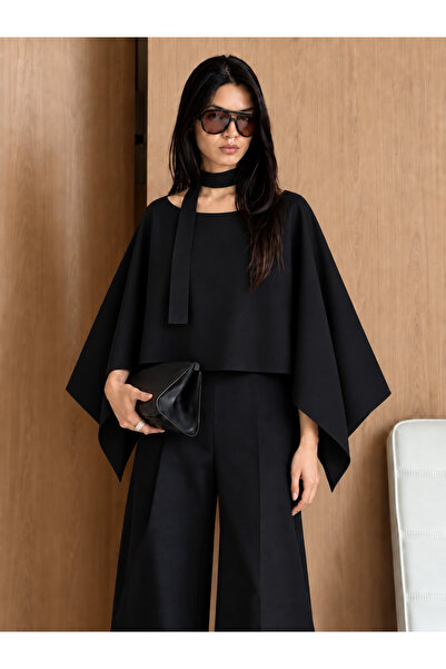 Glowear Atelier Women's Black Tok Fabric Scarf Detailed Asymmetrical Cut Cape...