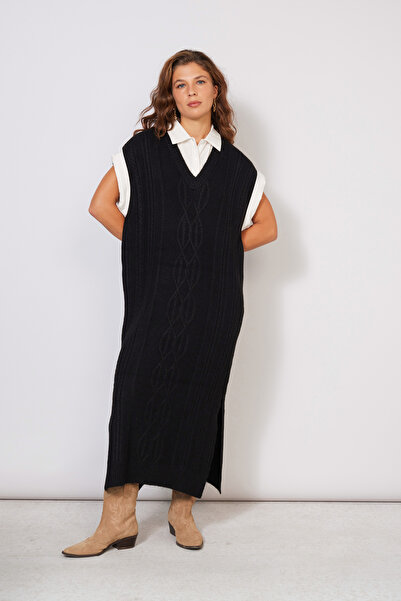 Nisan Rochie lungă din tricot cu guler tip cămașă, neagră