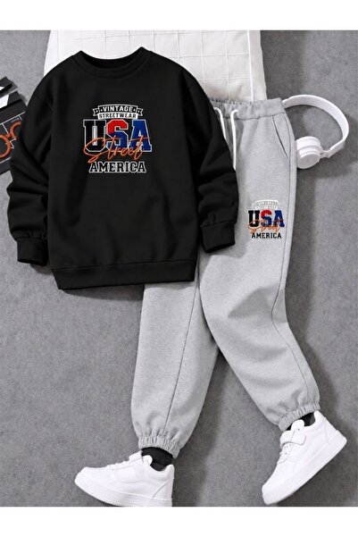 cm buseyiz Busekids Unisex USA Baskılı Sıfır Yaka Eşofman Takımı