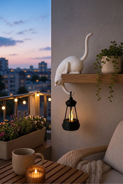 LuisHOME Askılı Kedi Raf Dekoru 24 cm, Dekoratif Kedi Obje, LED Fenerli Teali...