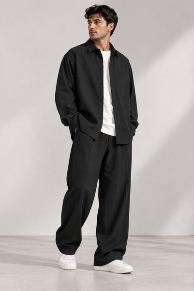 RELAXL Kombin Oversize Shirt Jacket Baggy Pants Set S-10Xl Black