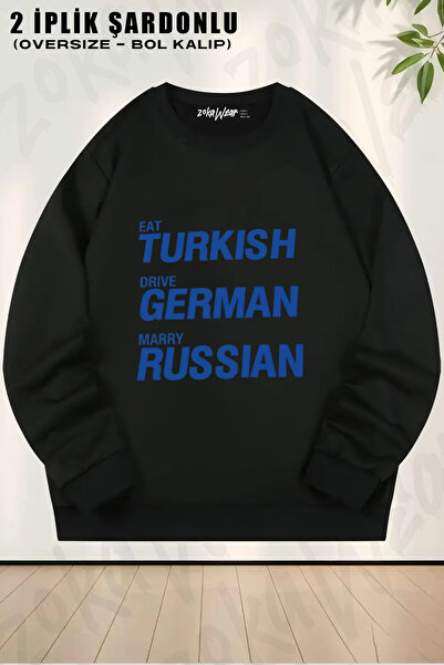 ZOKAWEAR Eat Turkish Drive German Marry Russian V4 Printed Crew Neck Sweatshirt