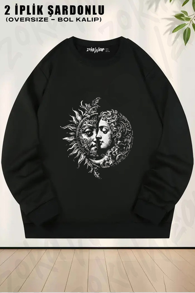 ZOKAWEAR سويت شيرت برقبة دائرية مطبوع عليه Celestal Balance Sun And Moon Gune...