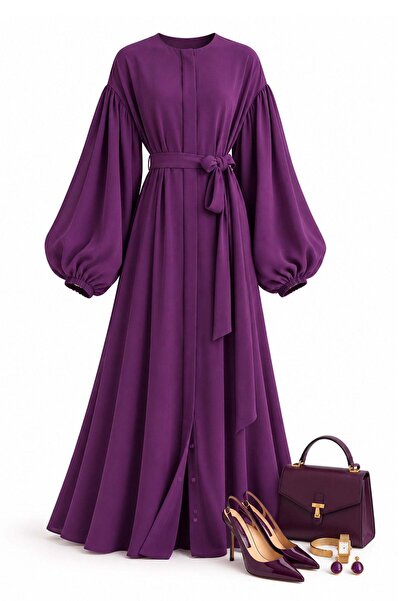 MELEK ARAZ Premium Front Snap Detailed Belted Robe - Purple