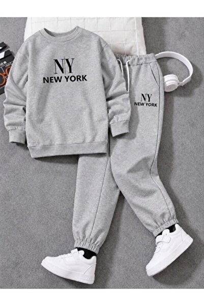 cm buseyiz Busekids Unisex New York Baskılı Sıfır Yaka Eşofman Takımı