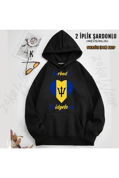 ZOKAWEAR Bridgetown Barbados Flag Heart Printed Hooded Sweatshirt