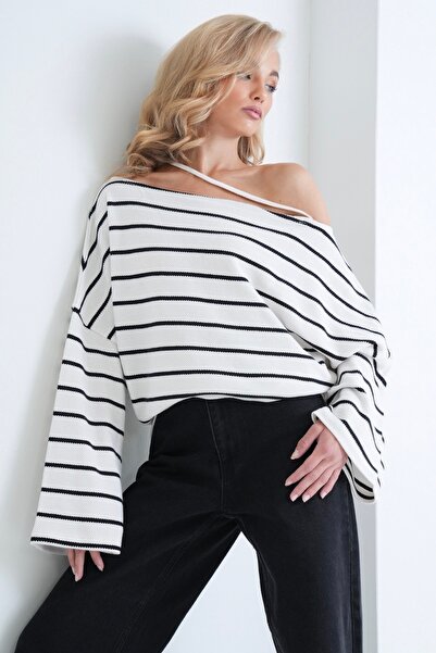 Trend Alaçatı Stili Women's Ecru Boat Neck Striped Blouse with Shoulder Detai...